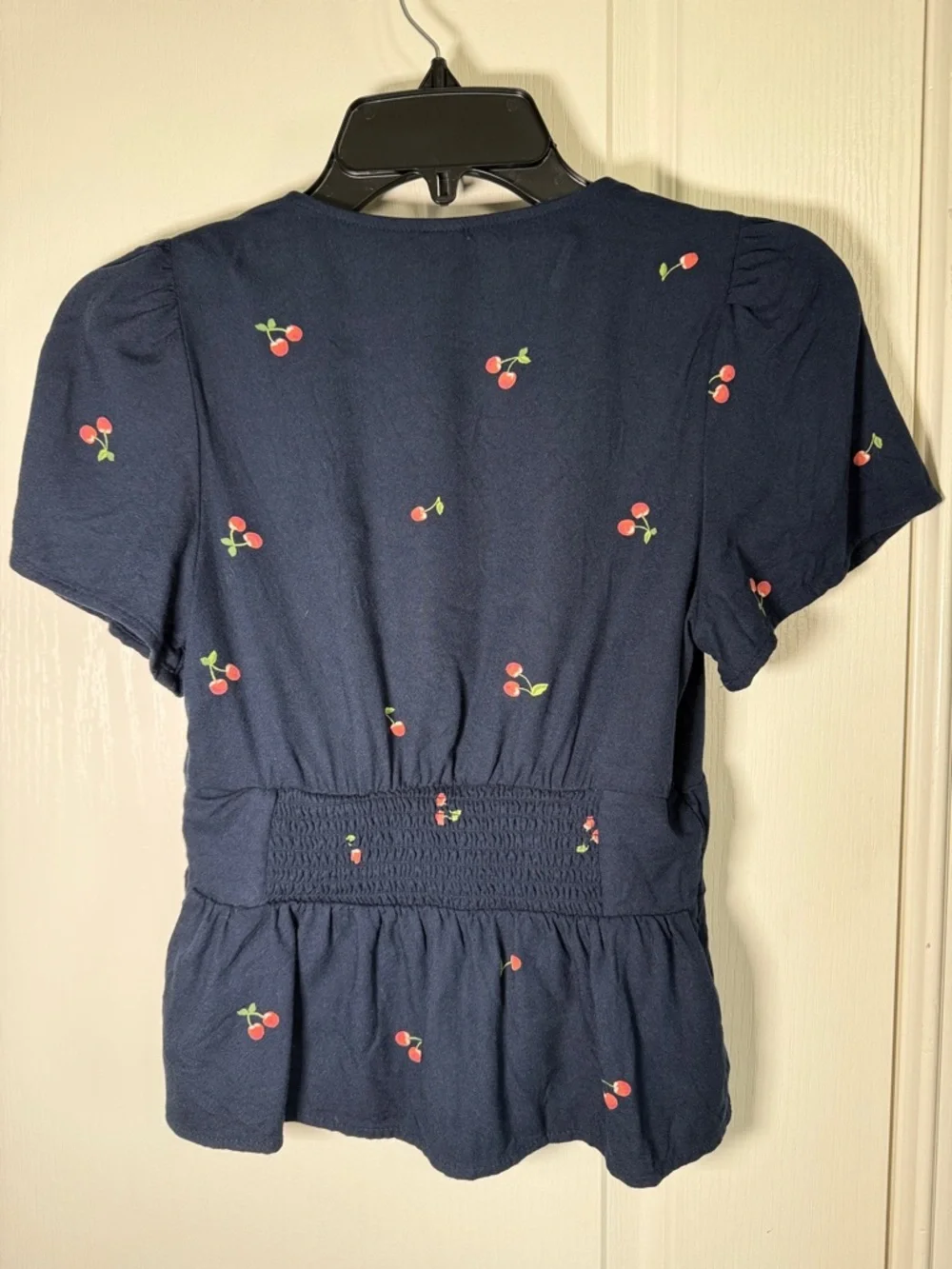 Old Navy Cherry Print Peplum Top Navy Short Sleeve Button Front XS